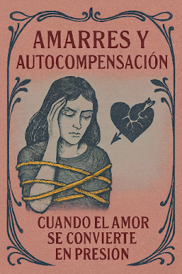 Una ilustración de estilo clásico y minimalista con una orla ornamental Art Nouveau. En el centro, una mujer joven con expresión de angustia tiene los brazos y el torso rodeados por cuerdas amarillas que la oprimen. A su derecha, un corazón oscuro es atravesado por una flecha, simbolizando el dolor de la coacción emocional. El texto "AMARRES Y AUTOCOMPENSACIÓN - CUANDO EL AMOR SE CONVIERTE EN PRESIÓN" encabeza y cierra la composición, ilustrando la crítica de Arcane Domus a las prácticas de manipulación afectiva.