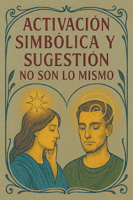 Una ilustración de estilo clásico y minimalista con una orla ornamental Art Nouveau. Muestra a dos figuras de perfil: a la izquierda, una mujer con una estrella radiante sobre su cabeza que simboliza la activación simbólica real; a la derecha, un hombre con una espiral difusa sobre la frente que representa la sugestión. El texto "ACTIVACIÓN SIMBÓLICA Y SUGESTIÓN NO SON LO MISMO" encabeza la composición en tipografía serif, diferenciando ambos procesos mentales en la práctica mágica.
