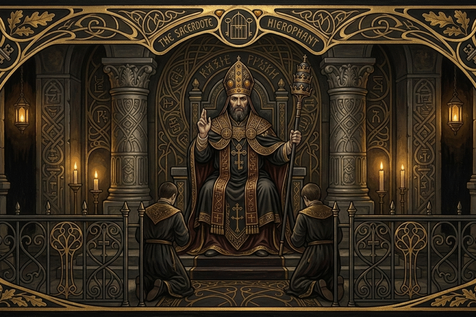 Ilustración estilo Art Nouveau del arcano V El Sacerdote, representando la estructura del dogma y la transmisión ritual