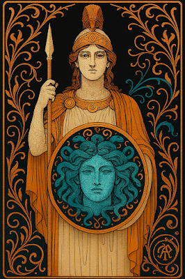 Ilustración simbólica en estilo Art Nouveau: Atenea sostiene su égida con el rostro de Medusa coronada de serpientes, no como trofeo sino como aliada. Paleta dorado, turquesa y negro, estética Arcane Domus.