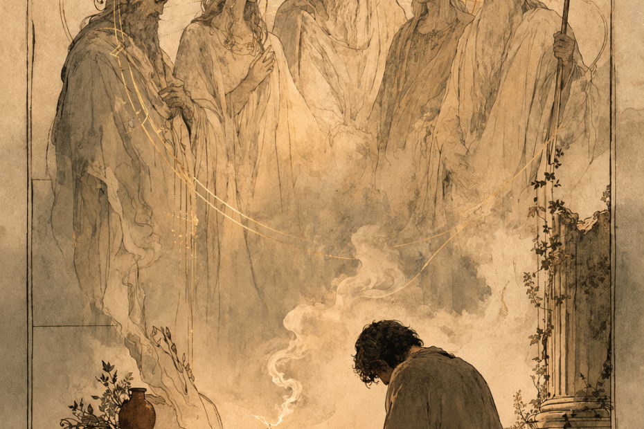 Ilustración sobria en tonos sepia de un hombre sentado ante una mesa con un libro abierto y objetos rituales, mientras varias figuras etéreas y luminosas se alzan frente a él en forma de presencia superior, simbolizando la transmisión espiritual sin contacto directo ni contraste.