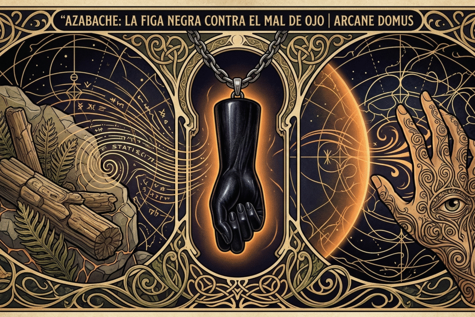 Una ilustración de estilo Art Nouveau en tonos negro, dorado y naranja. Muestra tres paneles: a la izquierda, la madera fosilizada; en el centro, un colgante de figa negra de azabache que emana energía; y a la derecha, una mano mística con un ojo en la palma, desviando la mala suerte. Toda la composición está decorada con intrincados patrones orgánicos y símbolos de protección de Arcane Domus