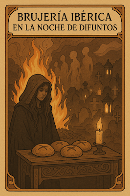 Hoguera ritual y castañas en una plaza antigua durante la Noche de Difuntos, estética Art Nouveau.