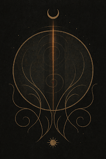 Una ilustración de estilo esotérico minimalista sobre un fondo negro con textura de grano fino. En el centro destaca un símbolo dorado compuesto por un círculo que contiene espirales ascendentes, atravesado por un eje vertical de luz anaranjada. El diseño se remata con una luna creciente en la parte superior y un sol radiante en la inferior, rodeado de líneas fluidas de estilo Art Nouveau, simbolizando el flujo de información espiritual en Arcane Domus.