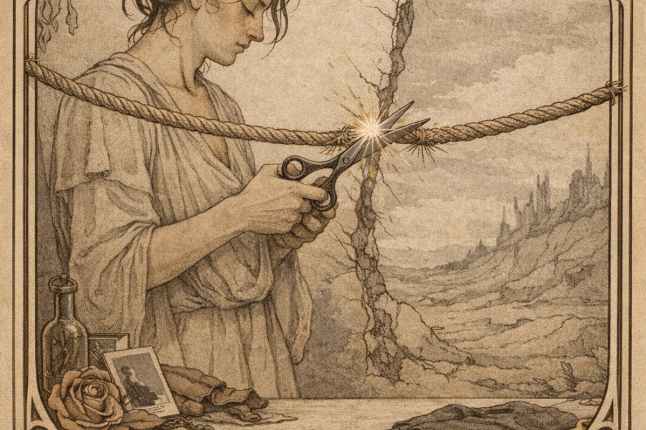 Ilustración en estilo art nouveau, sobria y en tonos sepia, de una mujer cortando una cuerda tensa con unas tijeras, rodeada de objetos desgastados sobre una mesa, simbolizando una ruptura definitiva y el fin de un vínculo.
