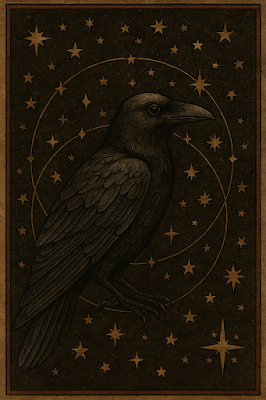 Ilustración de un cuervo místico (Corvus) sobre un umbral antiguo, estética Art Nouveau.