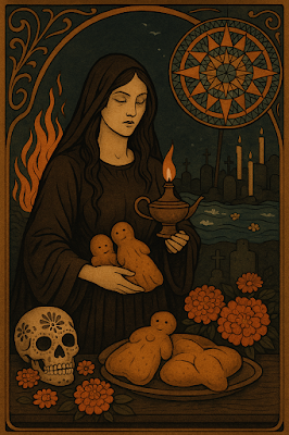 Ilustración comparativa de la Noche de Difuntos con elementos gallegos y mexicanos, estilo Art Nouveau.