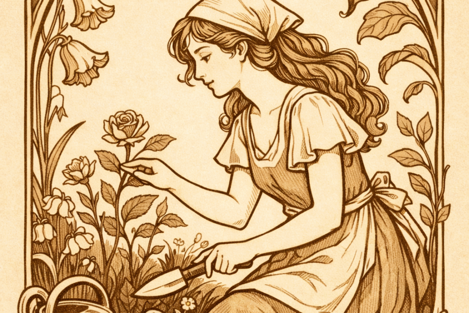 Ilustración sencilla en estilo art nouveau y tonos sepia de una figura femenina cuidando una planta con herramientas de jardinería, enmarcada por motivos florales, simbolizando el cultivo paciente y disciplinado del cuerpo y la atención.
