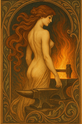 Yunque y herramientas de hierro forjado con símbolos esotéricos y estética Art Nouveau para Arcane Domus.