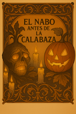 Nabo tallado tradicional irlandés iluminado con una vela y estética Art Nouveau para Arcane Domus.