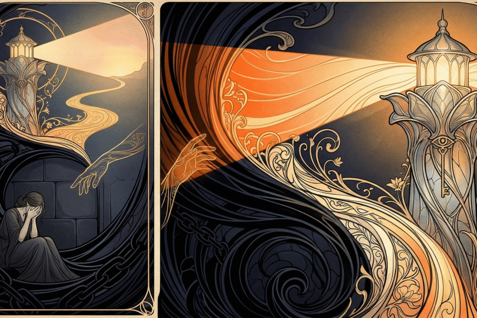Ilustración estilo Art Nouveau de Arcane Domus en negro, dorado y naranja. A la izquierda, una figura rodeada de cadenas de sombras y desesperación; a la derecha, un faro místico con un ojo simbólico proyecta una luz cálida y protectora. Una mano de luz se extiende para guiar a la persona desde la oscuridad hacia un camino de esperanza y transformación ritual.