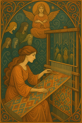 Detalle de un telar antiguo con patrones de geometría mágica y estética Art Nouveau para Arcane Domus.