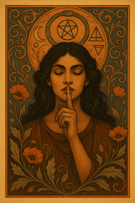 Representación simbólica de una figura iniciática con el gesto del silencio y estética Art Nouveau para Arcane Domus.