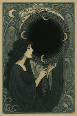 Espejo negro de obsidiana sobre fondo oscuro con estética Art Nouveau de Arcane Domus.