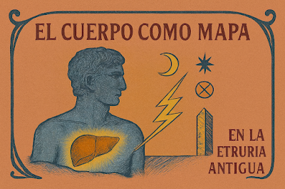 Una ilustración de estilo clásico sobre un fondo teja con textura. Muestra el torso de un hombre de perfil con un hígado humano radiante en su interior. A su derecha, se despliegan símbolos del rayo, la luna creciente, una estrella y un mojón fronterizo, rodeados por una orla ornamental de estilo Art Nouveau en azul oscuro. El texto "EL CUERPO COMO MAPA EN LA ETRURIA ANTIGUA" en tipografía serif clásica refuerza el concepto de la disciplina etrusca sobre la lectura de signos en la naturaleza y el cuerpo.