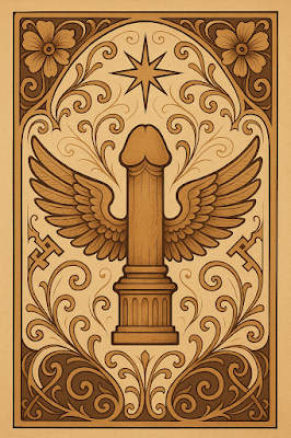 Representación histórica de un fascinum romano y el falo como talismán con estética Art Nouveau.