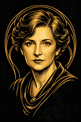Un retrato ilustrado de Lady Frieda Harris en estilo grabado dorado sobre un fondo negro profundo. La figura está enmarcada por un halo de líneas curvas minimalistas de estilo Art Nouveau en color dorado de marca. Su expresión es serena y decidida, con un collar detallado, capturando la esencia de la artista que dio vida al Tarot de Thoth bajo la identidad visual de Arcane Domus.