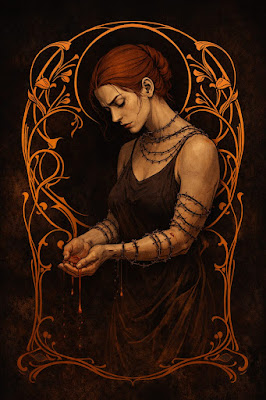 Una ilustración de estilo Art Nouveau en color dorado sobre un fondo negro profundo con textura. En el centro, un emblema alquímico de marca combina un cáliz central con alas estilizadas, un símbolo de la Hécate de la encrucijada y un ojo de protección. Del símbolo cuelgan finas líneas con esferas, evocando un mecanismo espiritual o una función activa del ser, representando la praxis mágica que casi nadie quiere hacer debido a su exigencia de autenticidad en Arcane Domus.