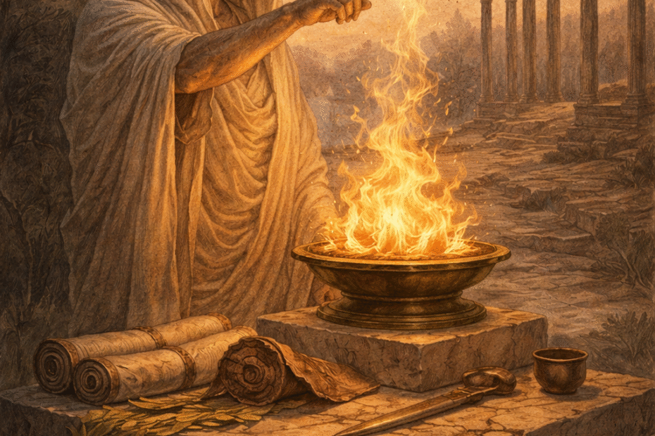 Ilustración en tonos cálidos y sobrios de un hombre en la Antigua Roma realizando un ritual ante un brasero encendido sobre un altar de piedra, con pergaminos y objetos rituales alrededor, simbolizando el poder operativo de la palabra en los cármenes.
