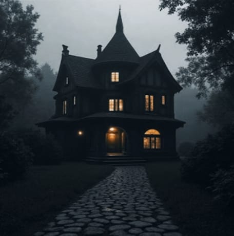 Fachada de una mansión victoriana bajo un cielo crepuscular con un sendero de piedra que guía hacia la entrada iluminada de Arcane Domus.