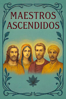 Una ilustración de estilo clásico y minimalista sobre un fondo verde azulado. Muestra a cuatro figuras representativas de los Maestros Ascendidos —dos hombres con barbas, una mujer con velo y un hombre con turbante—, todos con halos dorados. La composición está enmarcada por una orla ornamental Art Nouveau con motivos vegetales y el texto "MAESTROS ASCENDIDOS" en la parte superior, simbolizando la codificación de este sistema de creencias.