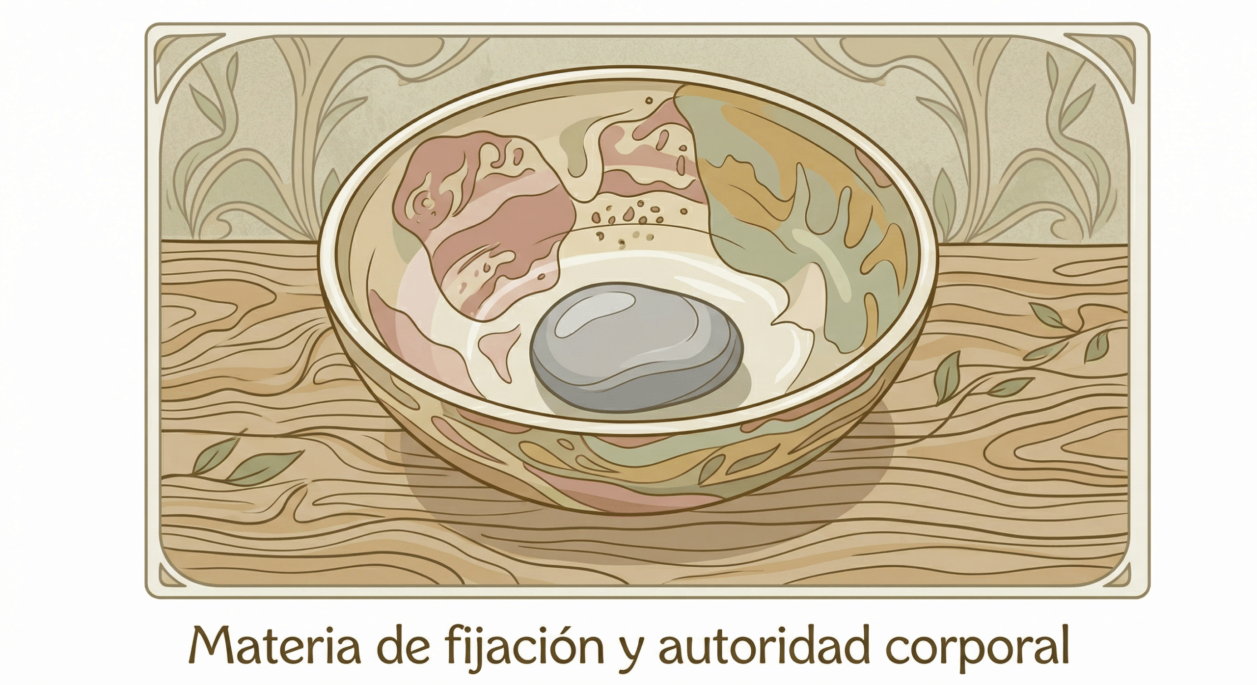 Imagen de un cuenco de cerámica artesanal sobre una mesa de madera rústica, conteniendo una única piedra de río gris y lisa en su centro. La imagen transmite una sensación de quietud, anclaje y estabilidad orgánica, representando el concepto de 'fijación' y 'autoridad corporal' descrito en el artículo. La luz natural suave ilumina la escena, enfatizando las texturas naturales.