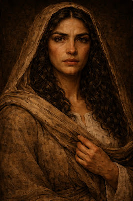 Una pintura de estilo clásico que muestra a María Magdalena de perfil, con el cabello largo y oscuro cubierto parcialmente por un velo. Viste una túnica en tonos rojizos y sostiene un pequeño frasco de ungüento entre sus manos con gesto solemne. La iluminación tenebrista resalta su rostro sobre un fondo oscuro, simbolizando la profundidad de su figura histórica frente a las ficciones espirituales contemporáneas analizadas por Arcane Domus.