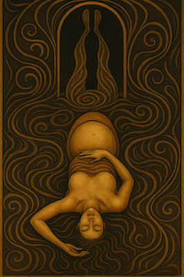 Representación simbólica del parto como umbral de transformación interior, explorado desde la neurofenomenología y los estados alterados de conciencia.