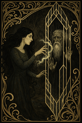 Una ilustración de estilo Art Nouveau en tonos dorado y negro, enmarcada por intrincada filigrana ornamental. En la parte superior e inferior, el borde presenta motivos orgánicos fluidos. En el centro, una joven de cabello largo y oscuro, vestida con un vestido fluido, se encuentra a la izquierda, extendiendo las manos hacia un gran cristal geométrico multifacético. Un remolino de energía luminosa emerge de sus dedos. Atrapado dentro del cristal está la figura de un mago anciano y barbudo con expresión sombría, con sus manos apoyadas en las facetas internas. La composición simboliza el poder de Nimúe sobre Merlín y los temas de sex magick descritos en el artículo de Arcane Domus