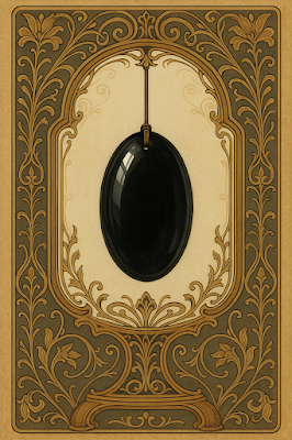 Piedra de la obsidiana pulida reflejando sombras con estética Art Nouveau de Arcane Domus.