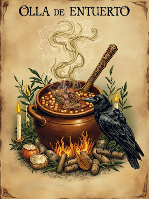 Olla de barro humeante con hierbas rituales y estética Art Nouveau para Arcane Domus.