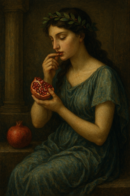 Una pintura de estilo clásico y solemne que muestra a la diosa Perséfone sentada, luciendo una túnica azul y una corona de hojas de laurel. Sostiene media granada abierta en una mano mientras se lleva una semilla a los labios con la otra, simbolizando su unión con el Hades. La escena, de iluminación cálida y sombras profundas, captura el momento exacto de la elección que sella su destino místico.