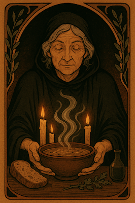 Cuenco de sopa humilde con pan y almendras, representado como alimento mágico para el duelo, estética Art Nouveau.