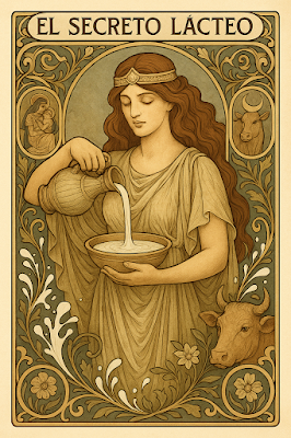 Representación mística de la leche en la historia sagrada con estética Art Nouveau de Arcane Domus.
