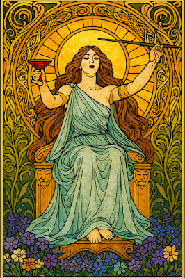 Una ilustración de estilo Art Nouveau con una paleta de colores dominada por el dorado y el verde místico. En el centro, una figura femenina de cabello largo y ondulado se sienta en un trono decorado con cabezas de león. Con los ojos cerrados en trance, sostiene una copa de vino tinto en una mano y una pluma de escribir en la otra. Está rodeada por un halo solar radiante y un marco circular de patrones entrelazados, con un jardín de flores silvestres a sus pies, representando la autoridad espiritual de las Sibilas en la antigua Roma.