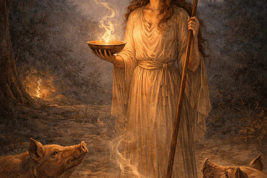 Ilustración sobria en tonos cálidos de una figura femenina inspirada en Circe, de pie en un claro oscuro sosteniendo un cuenco humeante, rodeada de varios cerdos que la observan, simbolizando la transformación del deseo en forma visible.