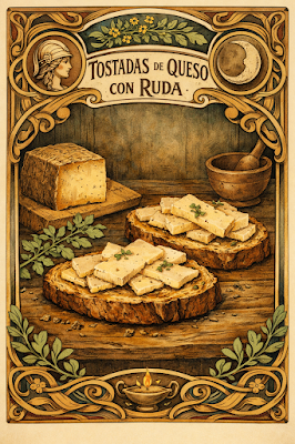 Una ilustración de estilo Art Nouveau que muestra una receta mística de "Tostadas de Queso con Ruda". La composición está enmarcada por orlas doradas ornamentadas con motivos botánicos, una figura femenina de perfil y una luna creciente. En el centro, sobre una mesa de madera, se ven dos tostadas con láminas de queso y brotes de ruda fresca, un bloque de queso artesano y un mortero de madera al fondo, bajo una luz cálida y hogareña que sigue la identidad visual de Arcane Domus.