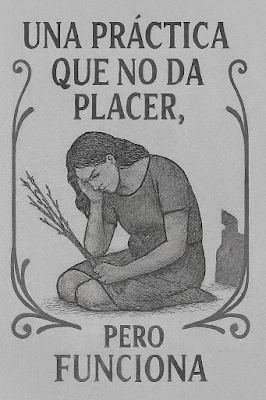 Una ilustración de estilo clásico en blanco y negro con textura de papel antiguo. En el centro, una mujer joven aparece arrodillada en un gesto de cansancio o introspección profunda, sosteniendo un ramillete de ramas secas. La escena está enmarcada por sutiles orlas de estilo Art Nouveau. El texto en tipografía serif clásica reza: "UNA PRÁCTICA QUE NO DA PLACER, PERO FUNCIONA", simbolizando la exigencia y la eficacia de la verdadera praxis mágica.