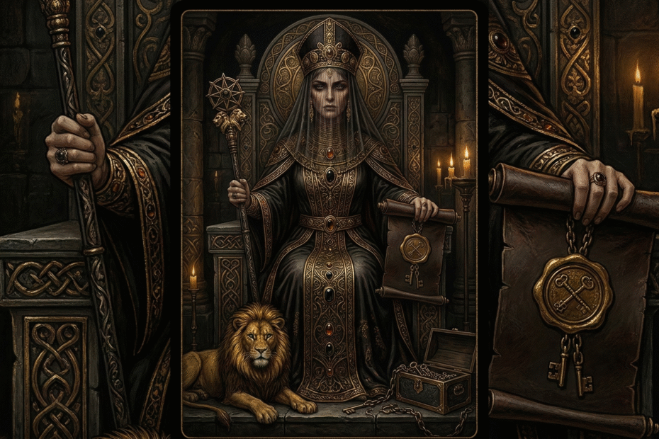 Ilustración vertical estilo Art Nouveau de Venus como soberana arcaica, representando el contrato y la jerarquía del deseo sobre un fondo negro profundo.