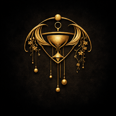 Una ilustración de estilo Art Nouveau en color dorado sobre un fondo negro profundo con textura de grano fino. En el centro destaca un emblema alquímico que combina la forma de un cáliz sagrado con alas estilizadas y motivos botánicos de flores silvestres. Del símbolo cuelgan finas líneas con esferas doradas, evocando un mecanismo espiritual o una función activa del ser, representando la premisa de Arcane Domus de que el alma es una función y no un derecho inherente.