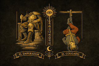 Ilustración simbólica de los Arcanos Mayores del Tarot destacando la postura de El Emperador y El Colgado en estilo Art Nouveau.
