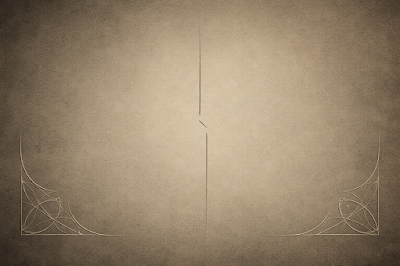 Una ilustración minimalista de estilo Art Nouveau en tonos dorado y beige místico. Presenta un fondo texturizado que evoca el papel antiguo y la piedra ceremonial. En la parte superior e inferior, dos orlas ornamentadas formadas por líneas fluidas y motivos orgánicos de inspiración botánica y celta enmarcan la composición. En el centro, una línea vertical fina y precisa simboliza el "Filo de la Tradición" y la columna vertebral de la praxis mágica, representando la estructura sobre la que se asienta el ritual y la contención de la fuerza mágica defendida por Arcane Domus.