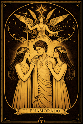 Una ilustración de estilo Art Nouveau que representa la carta del tarot "El Enamorado". En el centro, un hombre joven se encuentra flanqueado por dos mujeres con coronas de flores que posan sus manos sobre él. Sobre ellos, una figura angelical femenina y alada sostiene una antorcha y un pergamino bajo una estrella radiante. La composición, en tonos dorados y negros, incluye el texto "EL ENAMORADO ARCANO VI" y el símbolo de Venus en la base, enmarcado por una orla ornamental clásica de la identidad visual de Arcane Domus.