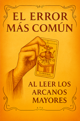 Una ilustración de estilo clásico en tonos ocres y anaranjados con textura de papel antiguo. Una mano sostiene una carta de tarot que representa al Arcano I, El Mago, frente a una mesa con sus elementos. La composición está enmarcada por una orla ornamental Art Nouveau. El texto en tipografía serif clásica reza: "EL ERROR MÁS COMÚN AL LEER LOS ARCANOS MAYORES", simbolizando la crítica de Arcane Domus a la interpretación psicológica frente al criterio estructural y funcional.