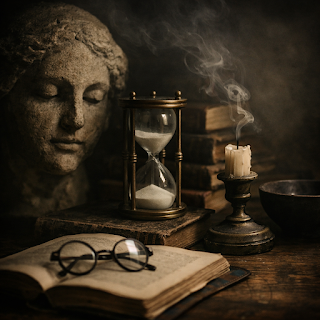 Una fotografía de naturaleza muerta en tonos sepia y claroscuro. Sobre una mesa de madera antigua descansan un libro abierto con gafas de lectura, un reloj de arena que marca el paso del tiempo y una vela recién apagada cuyo humo se eleva en espiral. Al fondo, el busto de una escultura clásica de piedra observa la escena, simbolizando la búsqueda de una experiencia espiritual que trascienda lo emocional para lograr una transformación real en Arcane Domus.