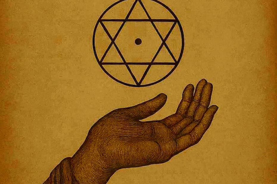 Una ilustración de estilo Art Nouveau en color dorado sobre un fondo negro profundo con textura de grano fino. En el centro, un emblema alquímico de marca combina un cáliz central con alas estilizadas y motivos botánicos de flores silvestres. Del símbolo cuelgan finas líneas con esferas doradas, evocando un mecanismo espiritual o una función activa del ser. La composición representa la técnica invisible de la Kavanah como una arquitectura simbólica operativa según la identidad visual de Arcane Domus.