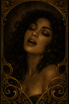 Una ilustración de estilo Art Nouveau en tonos dorados y ámbar oscuros, enmarcada por una orla ornamental de líneas fluidas y espirales. En el centro se muestra el rostro de una mujer de cabello rizado y oscuro en un gesto de éxtasis y plenitud, con los ojos cerrados y la boca entreabierta. La luz cálida resalta su piel y expresión, simbolizando la fuerza de la magia sexual femenina y la soberanía del propio cuerpo defendida por Arcane Domus frente a la insuficiencia masculina.