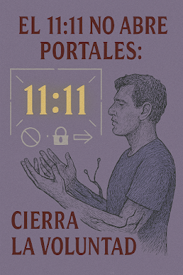 Una ilustración de estilo clásico y minimalista sobre un fondo púrpura grisáceo con textura. Muestra a un hombre de perfil con los ojos cerrados y las manos extendidas en un gesto de recepción o súplica. Frente a él, el número "11:11" destaca en dorado junto a iconos de prohibición, un candado y una flecha, sugiriendo un bloqueo. El texto "EL 11:11 NO ABRE PORTALES: CIERRA LA VOLUNTAD" en tipografía serif clásica refuerza la tesis del artículo sobre la pérdida de agencia personal frente a las supersticiones numéricas contemporáneas.