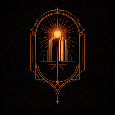 Una ilustración de estilo Art Nouveau y minimalismo místico sobre un fondo negro profundo. En el centro, un emblema geométrico en color naranja potenciado y dorado muestra una puerta entreabierta que revela una luz intensa. Sobre el umbral, un sol radiante emite rayos de luz lineales, simbolizando el despertar de la conciencia y el acceso a una verdadera práctica iniciática según la visión de Arcane Domus.