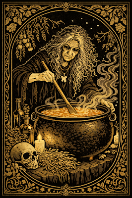 Una ilustración de estilo Art Nouveau en blanco, negro y dorado sobre un fondo oscuro. Muestra a una mujer anciana de cabello largo y ondulado removiendo un gran caldero humeante con una cuchara de madera. La escena está enmarcada por una orla ovalada con motivos botánicos y flores. En primer plano aparece un cráneo humano, hierbas secas y velas encendidas, simbolizando el aprendizaje y la transmisión del saber oculto a través de la práctica constante en Arcane Domus.